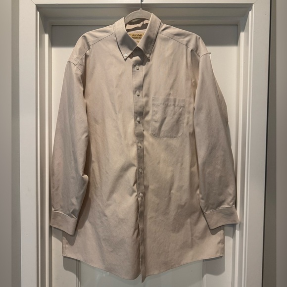 ROUNDTREE & YORKE Light Tan Striped  Casual Button Down Shirt Size 16 1/2 34 - Picture 1 of 12